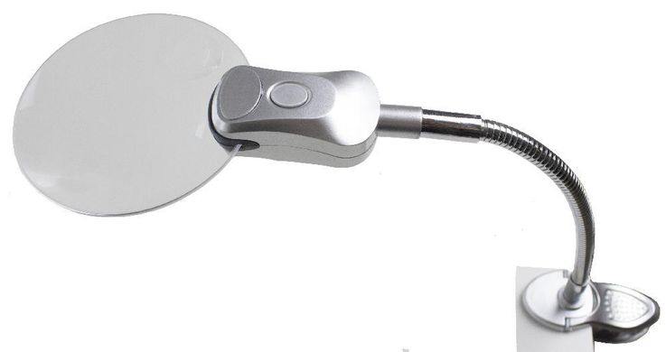 Лупа настільна Zhongdi гнучка з прищіпкою, з LED підсвічуванням, 2.5X Ø90мм, 6X Ø20мм