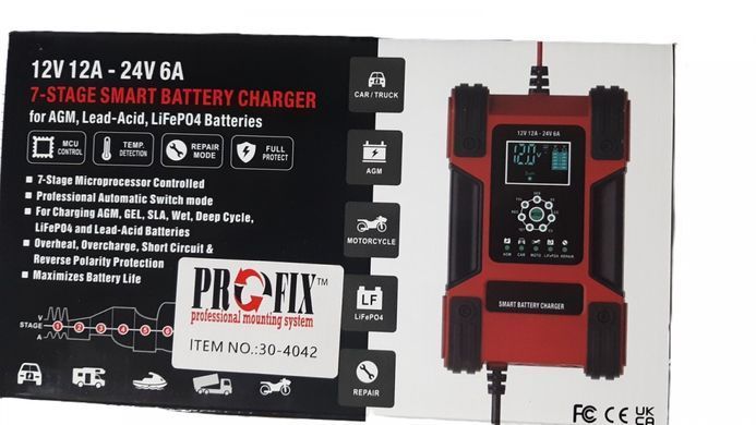 Зарядное устройство Foxsur FBC122412D, 12V 12A, 6-200Ah / 24V 6A, 6-100Ah