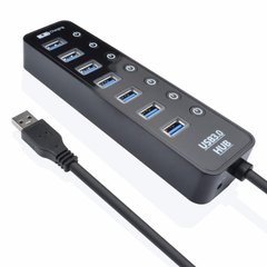 USB HUB на 7 портів USB 3.0, вимикачами та підсвічуванням + гніздо живлення (в блістері)